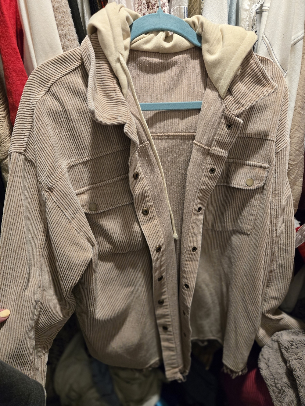 Womens Corduroy Hooded Shacket in Beige